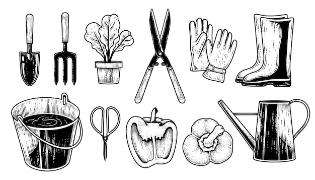 Sketch vector set of gardening tools Hand drawn elements illustration