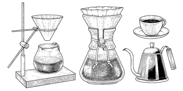 コーヒーメーカーツールのベクトルセットをスケッチ手描き要素イラスト