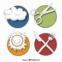 Free vector sketched badges with a sun and a cloud