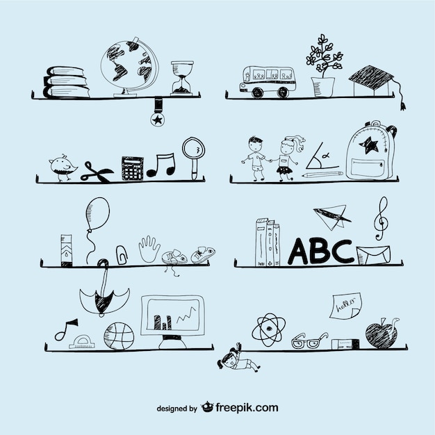 Free vector sketched school elements in shelves