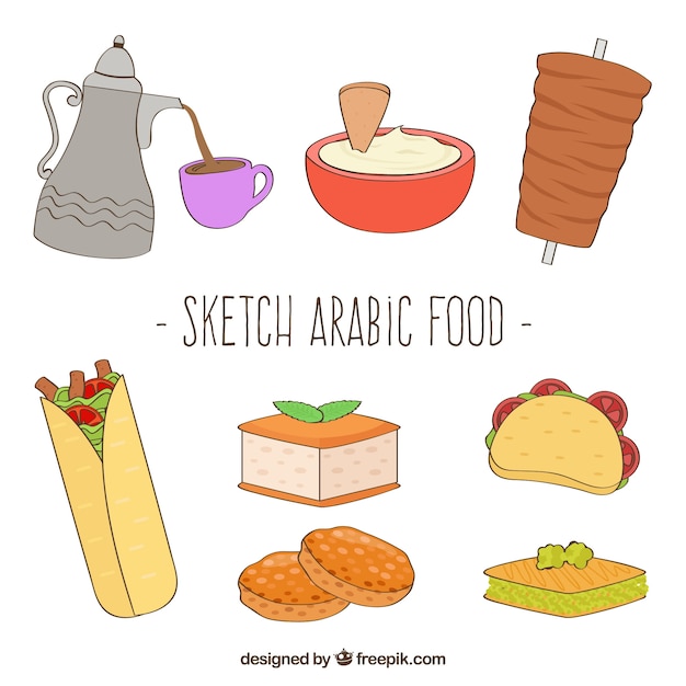 Бесплатное векторное изображение Зарисовки арабский сбор продуктов питания
