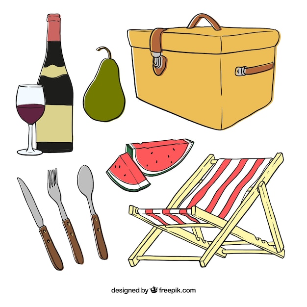 Free vector sketches basket with picnic elements