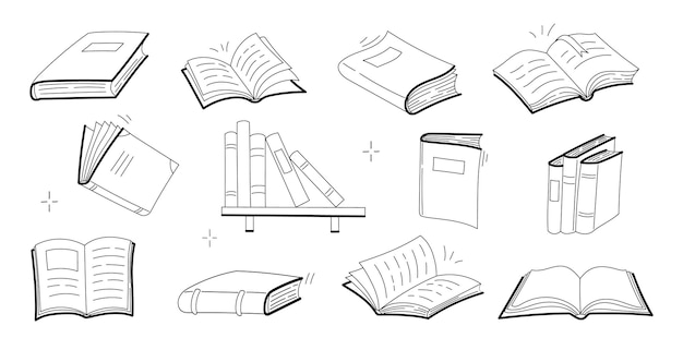 Sketches of books, open and closed textbooks, dictionary or novels with blank covers. vector doodle set of literature icons for library, school or store isolated on white background