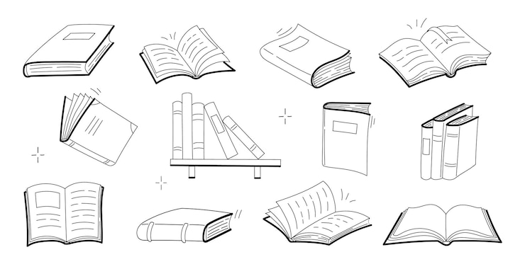 Free Vector sketches of books, open and closed textbooks, dictionary or novels with blank covers. vector doodle set of literature icons for library, school or store isolated on white background