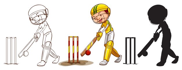 Sketches of a boy playing cricket in different colors