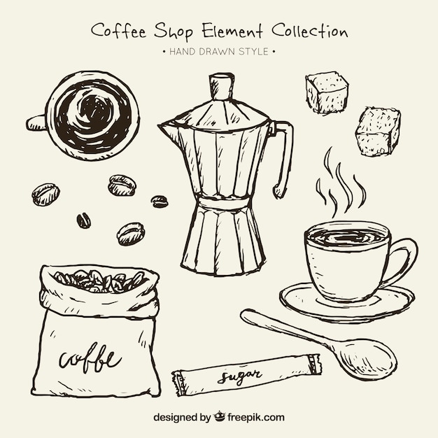 Sketches of coffee maker and elements for coffee pack Free Vector