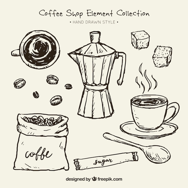 Free Vector sketches of coffee maker and elements for coffee pack