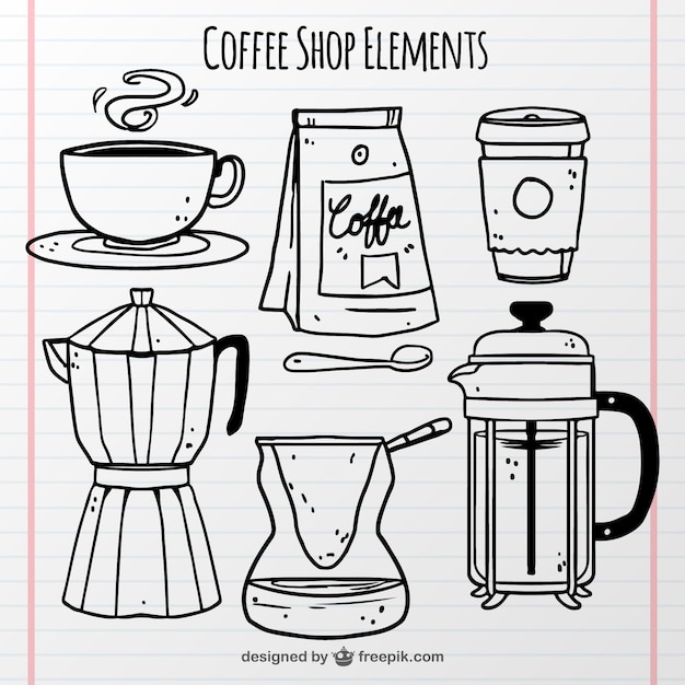 無料ベクター sketches coffee shop objects set