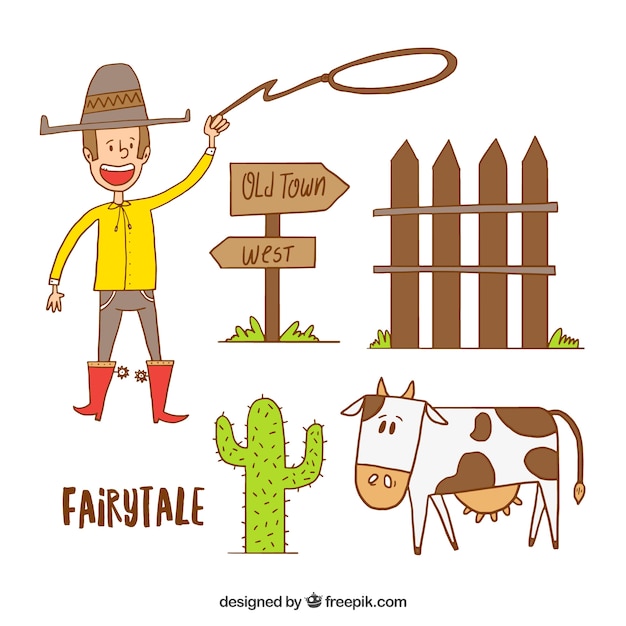 Free vector sketches cowboy with elements