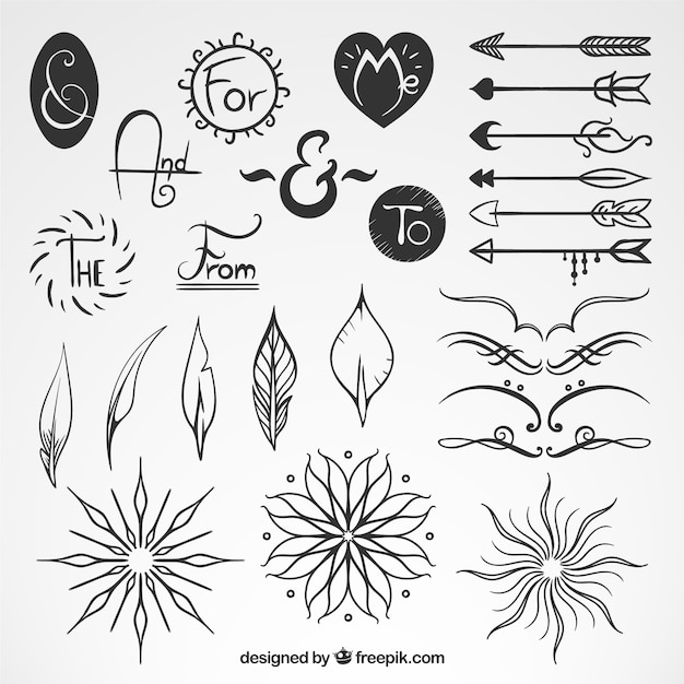 Sketches decorative elements with arrows and catchwords