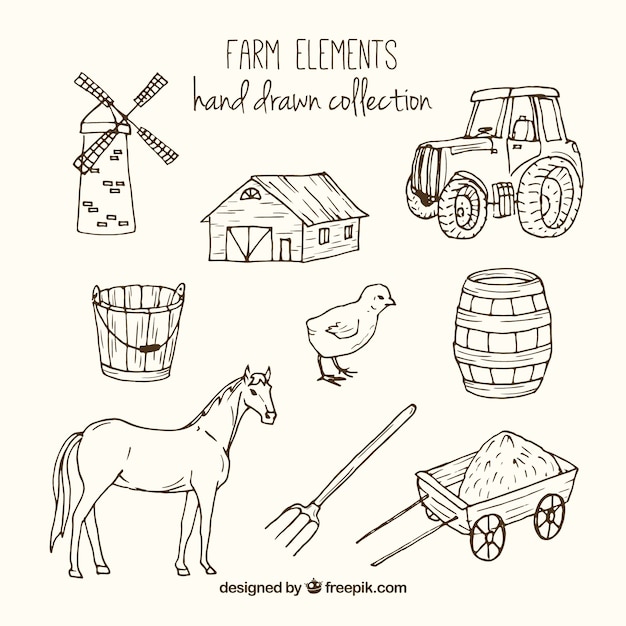 Free vector sketches farm accessories and animals