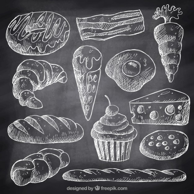 Free vector sketches fast food and desserts with chalk