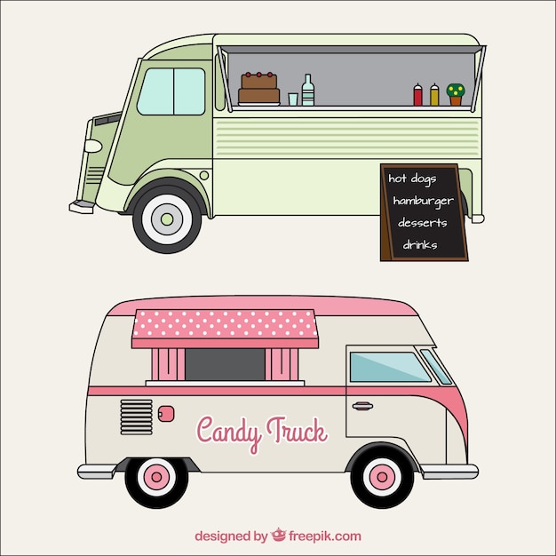 Sketches of food trucks in vintage style