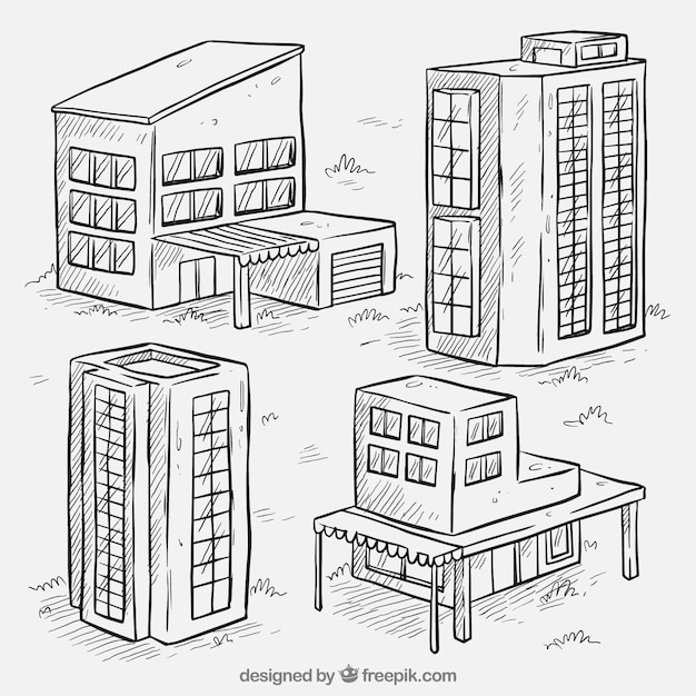 Free vector sketches of four buildings set