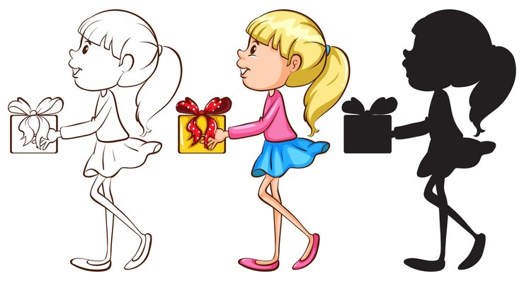 無料Vector さまざまな色の贈り物を持っている女の子のスケッチ