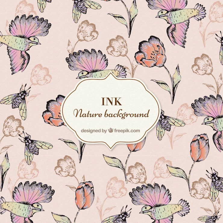 Free Vector sketches insects and birds background