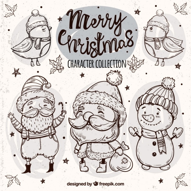 Free Vector sketches of lovely birds and christmas characters