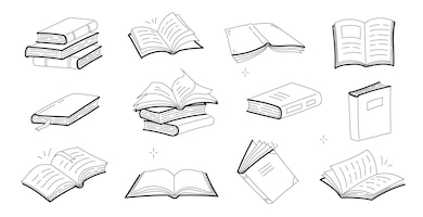 免费矢量开放和封闭的草图书,堆教科书、词典或小说空白的封面。向量涂鸦图标的文学图书馆、存储、大学或学校孤立在白色背景