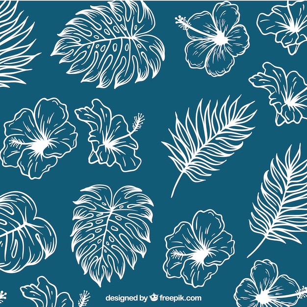 Sketches of palm leaves and flowers background