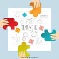 Free vector sketches team work with pieces of puzzle