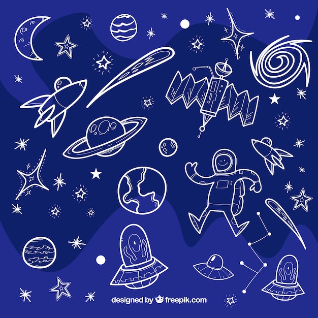 Cute astronaut and space elements hand drawings | Premium Vector