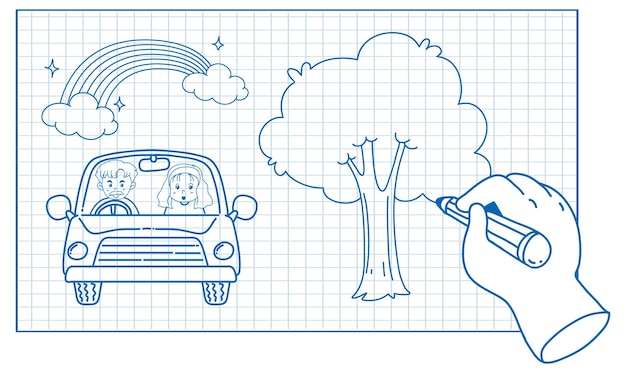 자동차와 나무의 스케치 만화