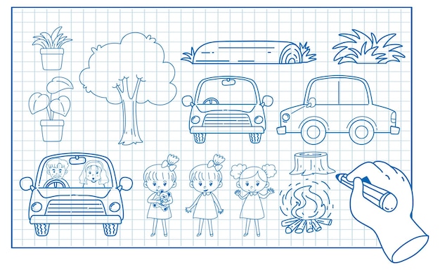 Sketching cartoon of kids and cars