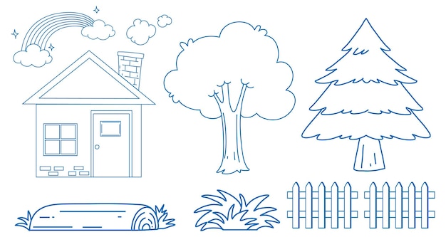 Sketching set with house and trees