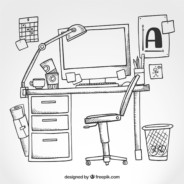 Sketchy desktop with a computer