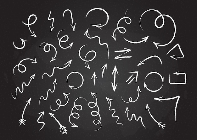 Sketchy grunge arrows set vector illustration. twisted and curled hand drawn chalk style arrows