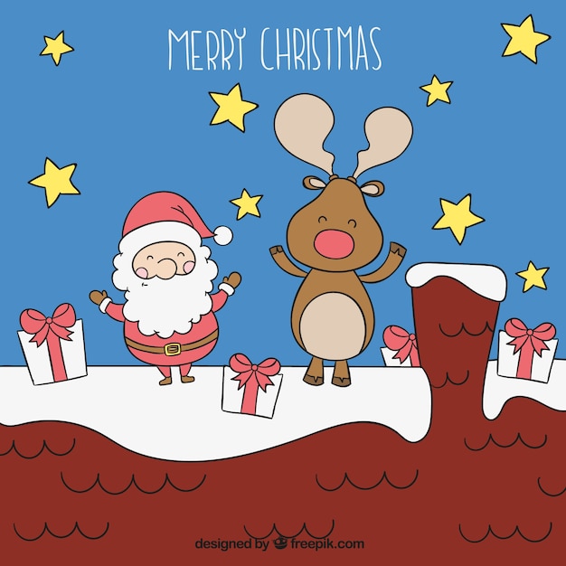 Vettore gratuito sketchy babbo natale e renne illustrazione