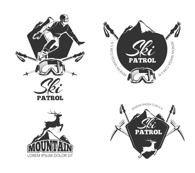 Горнолыжный клуб, горные патрульные эмблемы, этикетки, значки, набор логотипов.