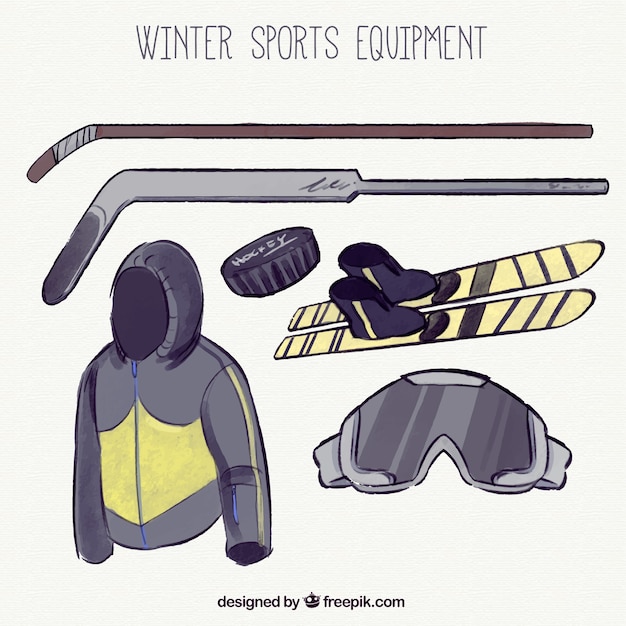 Ski equipment set and hand-drawn hockey