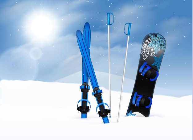 Ski poles and snowboard in snow with blue sky and sun realistic