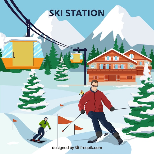 Бесплатное векторное изображение Дизайн лыжного курорта с лыжником
