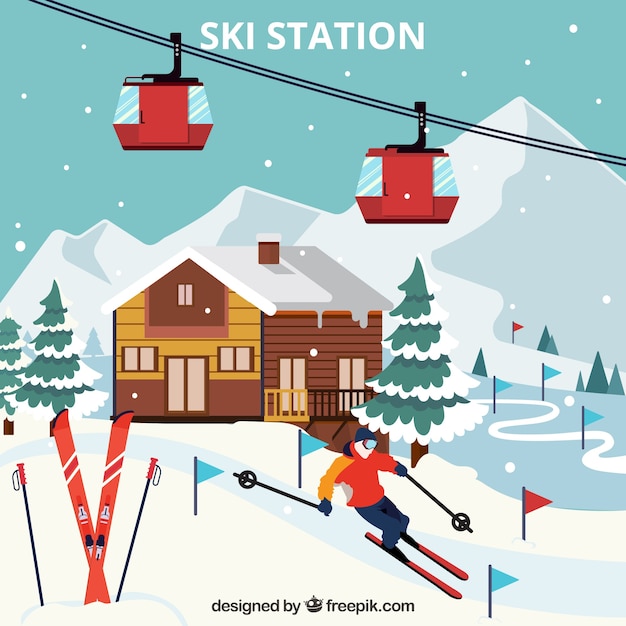 Free vector ski resort design with wooden house