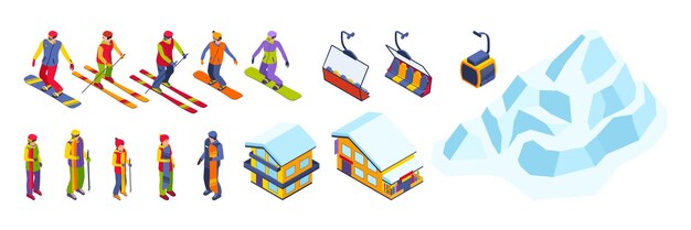 スキーとスノーボードで山から下って移動する人々のスキーリゾート等尺性カラーセット分離ベクトル図