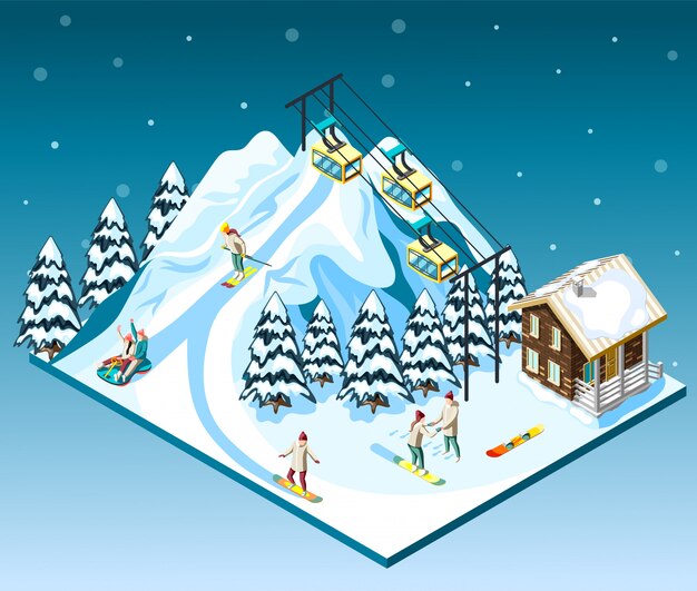 Ski resort isometric composition visitors on mountain slope house and funicular blue  with snow
