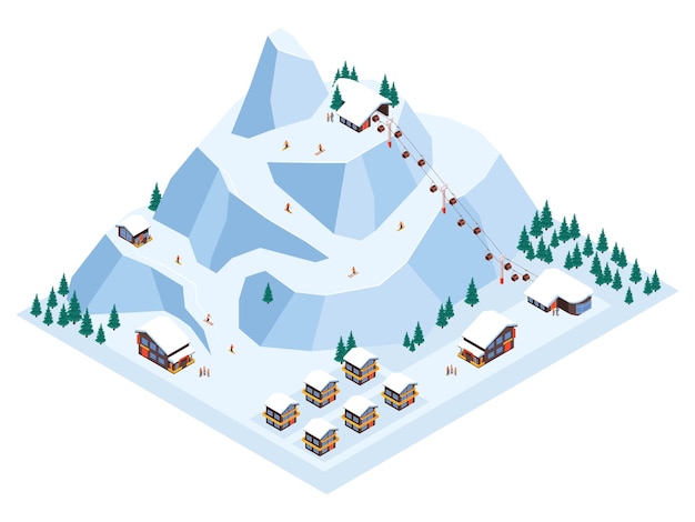 Ski resort isometric illustration of winter landscape with ski lift mountain and guest houses 3d vector illustration