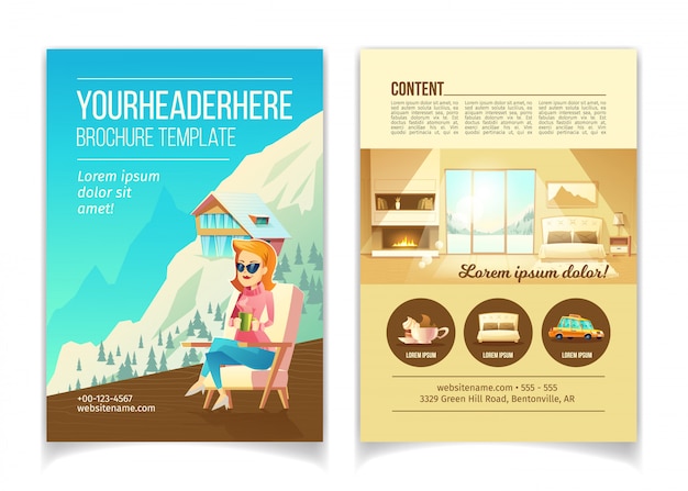 Ski resort luxury hotel cartoon vector advertising brochure, promo booklet template. Woman sitting i