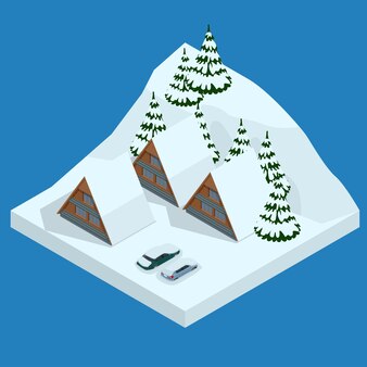 スキー​リゾート​、​スロープ​、​スキー​リフト​の​人々​、​白い​雪​の​松の木​と​ホテル​の​間​の​ゲレンデ​の​スキーヤー​。​冬​の​休日​の​web​バナー​の​デザイン​。​ベクトル​等角図​。