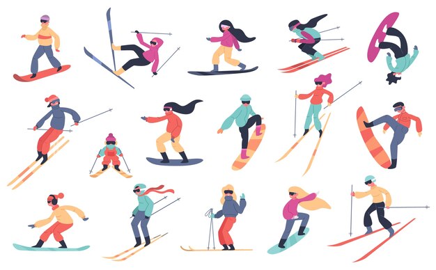 スキースノーボードの人々 冬のスポーツ活動 スノーボードやスキーの若者 極端なマウンテンスポーツイラストセット エクストリームスノーボード スポーツスキー スノーボード プレミアムベクター