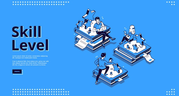 Free vector skill level isometric landing page. professional education and knowledge concept with tiny characters sitting on huge book piles using gadgets for reading and studying. 3d line art banner