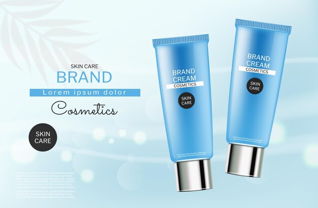 Skin care blue cosmetics bottles vector realistic Product placement Abstract blue bokeh