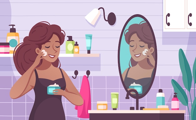 Skin care cartoon composition with young woman applying nourishing moisturizer on her face in bathroom illustration