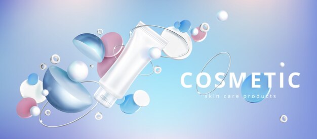 Skin care cosmetic product with holographic 3d geometric shapes, circles and silver rings