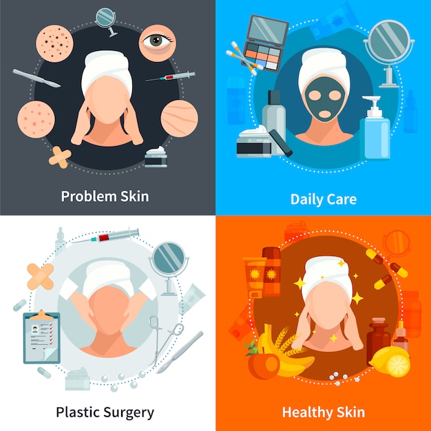 Free vector skin care flat concept set with problem skin daily care and plastic surgery design compositions vector illustration