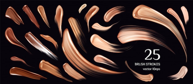 Skin foundation brush strokes collection. Smears of beauty cosmetics elements isolated on black