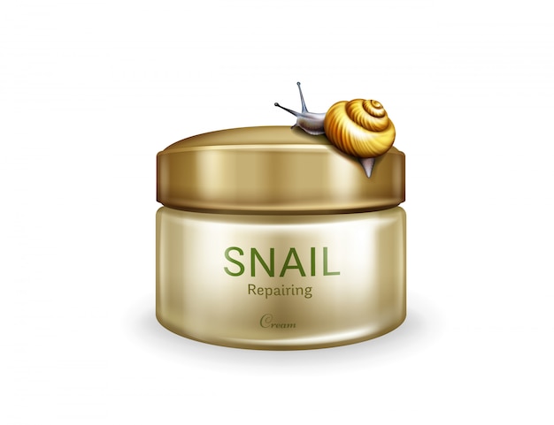 Free vector skin repairing cream realistic vector isolated on white background. live snail creeping on plastic j