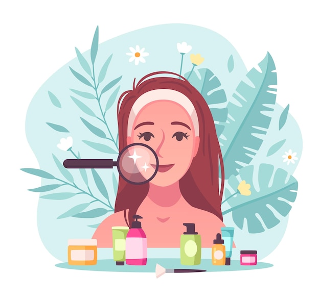 Free vector skincare flat cartoon composition with young woman examining her face with magnifier
